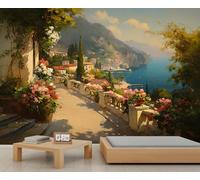 Papier peint amovible représentant une allée de villa côtière vintage, un chemin fleuri et un village en bord de mer, idéal pour les amateurs d'art et de voyages. 200x140cm (Non autocollant)