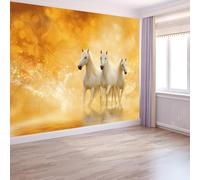 Papier Peint Animal Cheval Blanc Lotus Ligne Panoramique 3D Jaune Papier Peint Murale pour Enfant Chambre Salon Décoration Intérieure Poster Mural XXL Grande Affiche 200 x 140 cm