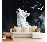 Papier Peint Animal Gothique Noir Et Blanc，366x254cm Chauve-Souris Loup Murales Poster pour le salon ou la chambre à coucher