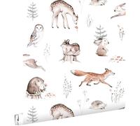 papier peint animaux de la forêt vintage blanc, orange et marron 53 cm x 10.05 m - ESTAhome