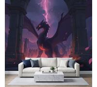 Papier Peint Animaux Dragon Géant Éclairs Violet Foncé 300 x 210 cm | Tapisserie Murales Papier Peint Intissé Épopée Fantastique, Grand Poster Décoration Muraln pour chambre salon