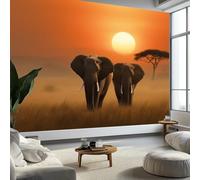 Papier Peint Animaux Éléphants Coucher De Soleil250 x 175 cm Décoration Papier Peint Moderne Couleur Orange Murale facile à nettoyer, idéale pour chambre et salon, avec un design unique et moderne