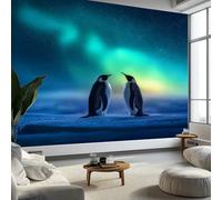 Papier Peint Animaux Estampes Pingouins, Peinture Murale Photo Photographie d'Aurores Boréales Mural Poster Salon Chambre Mur de fond Chambre des Enfants Bureau Décoration de Maison, 300 x 210 cm