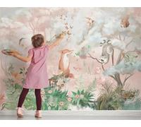 Papier Peint Animaux Forêt Rose Papier Peint Panoramique Papier Peint Intissé pour Salon Chambre Couloir Tapisserie Murales Papier Peint 3d Papier Peint Décoratif Murale 400x240cm