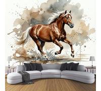 Papier Peint Aquarelle Animaux, Papier Peint Panoramique Chevaux Au Galop Encre Éclaboussée, Brun Muraux Photo, Pour Salon Chambre Restaurant Couloir Tv Fond Décoration Murale - 400 x 280 cm