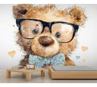 Papier peint aquarelle ours en peluche pour chambre d'enfant - Papier peint animal mignon de dessin animé - Bleu à pois - Nœud papillon - Cœurs - Art pour décoration de chambre d'enfant - 100 x 70 cm