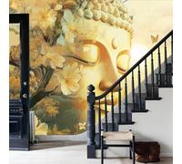 Papier Peint Arbres Tropicaux Panoramique Bouddha guérisseuses d' zen Papier Peint Statues de Bouddha, fleurs, papillons Murale Salon Chambre à Coucher Maison Décoration Intérieure,200x140cm