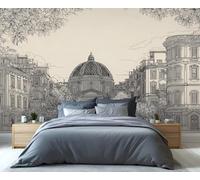 Papier peint architectural croquis urbain vue arbre rue papier peint bâtiments de style européen papier peint pour chambre à coucher poster mural pour salon, chambre à coucher, chambre d'enfant