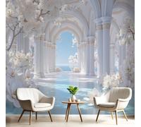 Papier Peint Architecture Européenne De Luxe, 3D Panoramique Papier Peint Fleur De Magnolia Palais Vue Sur Mer, Soie Murales, Decoratif Pour Salon, Chambre, Décoration Murale 400x280cm, Blanc Bleu