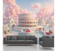 Papier Peint Architecture Européenne, Fresque Murale Paysage Lac Nuages Voiture De Dessin Animé, Papier Peint Panoramique Intissé - Décoration Murale Pour Salon Chambre - 200 x 140 cm(non adhésif)