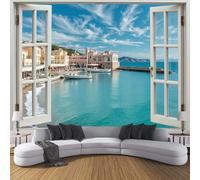 Papier Peint Arrière-Plan La Fenêtre Simulation 3D, Autocollant Décoratif Ciel Et Lac, Facile À Nettoyer Amovible, Bleu Ciel Convient Pour Les Salons, Meubles De Bureau Les Murs 450X315 Cm