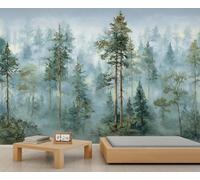Papier peint Art Déco Forêt Verte Forêt Brumeuse Papier peint Aquarelle Woodland Papier peint Chambre à coucher Salon Poster Mural 400 x 280 cm