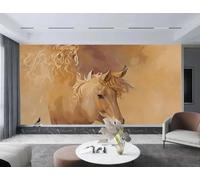 Papier peint, art moderne, peinture murale représentant un paysage équestre peint à la main dans des tons de jaune terreux, idéale pour un mur derrière un canapé ou une télévision, une chambre, un sa