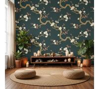 Papier Peint Art Néo-Chinois, 350x256cm, Vert Foncé | Papier Peint Panoramique Fleurs De Prunier Branches Ondulations, Decoration Salon Chambre, Décoration Soie Murale Poster Tableaux Muraux Imprimé