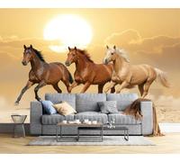 papier peint Art panoramique, Papier peint Soie Amériques Paysages Naturels, 250x175cm Mur XXL Muraux Photo Décoration Murale Salon Chambre, Chevaux Au Galop Coucher De Soleil Dans Le Désert