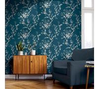 Papier Peint Arthouse Oriental Botanique Délicat Pailleté Bleu Blanc 692805
