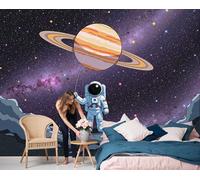 Papier Peint Astronautes Dessin Animé Mignons 350 X 256 Cm Papier Peint Panoramique Effet 3D, Peinture Murale Poster Intissé Thème Du Ciel Étoilé Fantastique, Pour Chambre Salon Tv Fond