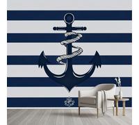 Papier Peint Auto-Adhésif Motif Ancre Rayures Maritime Thème Océan Papier Peint Panoramique Nautique Rayures Bleu Blanc Wallpaper Autocollant Film Meuble Décoration Murale Salon Chambre Bureau 400x280