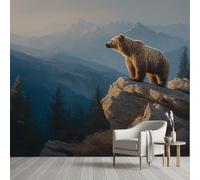Papier Peint Auto-Adhésif Ours Brun Animaux Sauvages Jungle Papier Peint Panoramique Paysage Naturel Montagnes Forêt Wallpaper Autocollant Film Meuble Décoration Murale Salon Chambre 400x280 cm
