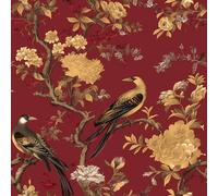 Papier peint auto-adhésif papier peint à motifs, Papier peint luxueux à motifs de pivoines dorées rouges et d'oiseaux floraux, papier peint vintage à décoller et à coller, papier de contact facile à d