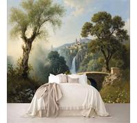 Papier peint autocollant amovible de taille personnalisée avec pont de pierre, cascade et ville de montagne - Papier peint autocollant amovible pour chambre à coucher, salon, salle à manger