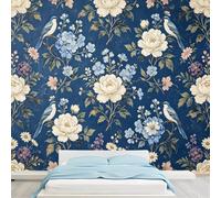 Papier peint autocollant amovible pour chambre à coucher, salon, salle à manger Motif floral et oiseau Bleu