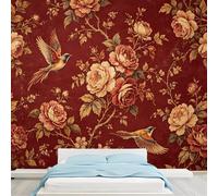 Papier peint autocollant amovible pour chambre à coucher, salon, salle à manger Motif floral et oiseau Rouge