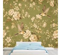 Papier peint autocollant amovible pour chambre à coucher, salon, salle à manger Motif floral et oiseau Vert