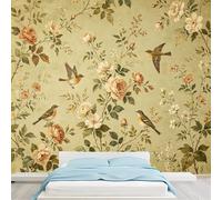 Papier peint autocollant amovible pour chambre à coucher, salon, salle à manger Motif floral et oiseau Beige