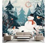 Papier Peint Autocollant Bonhomme de Neige Forêt, Sapin de Noël Hiver Decoration Stickers Muraux, Rustique Vinyle Murale Poster pour Chambre Salon Cuisine Meuble 400 x 280 cm