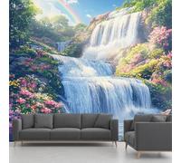 Papier Peint Autocollant Cascade Fleurs Forêt Paysage, Arc-en-ciel Soleil Decoration Stickers Muraux , Nature Plantes Vinyle Murale Poster pour Chambre Salon Cuisine Adhesif Meuble 300 x 210 cm