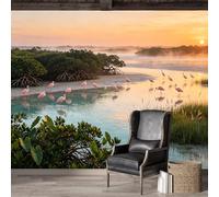 Papier peint autocollant de taille personnalisée, bec de cuillère en rose, paysage marin côtier avec mangroves, papier peint auto-adhésif de qualité supérieure activé par l'eau, revêtement mural