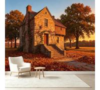 Papier peint autocollant de taille personnalisée en forme de cabane en rondins rustique, maison en pierre, paysage d'automne, grand papier peint amovible, décoration murale pour salon, chambre à
