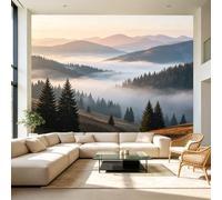 Papier peint autocollant de taille personnalisée, paysage de montagne sereine, brume, vallée de forêt, lever du soleil, grand papier peint autocollant amovible pour salon, chambre à coucher, bureau