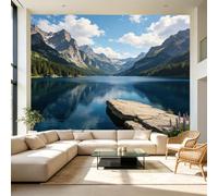 Papier peint autocollant de taille personnalisée, paysage de montagne sereine, lac, réflexions d'eau, rive rocheuse, grand papier peint autocollant amovible pour salon, chambre à coucher, bureau