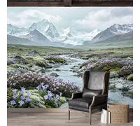Papier peint autocollant de taille personnalisée, paysage pittoresque de la rivière des prés alpins avec montagne enneigée et fleurs, papier peint auto-adhésif de qualité supérieure activé par l'eau
