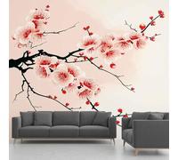 Papier Peint Autocollant Fleurs de Cerisier Paysage, Oriental Peinture a L'encre Decoration Stickers Muraux , Style Japonais Vinyle Murale Poster pour Chambre Salon Cuisine Meuble 300 x 210 cm