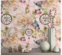 Papier Peint Autocollant Horloge Fleurs Oiseau Rose 45 * 300Cm Adhesif Pour Meuble Vinyle Papier Peint Autocollant Imperméable Pour Armoires Murs Salon Chambre