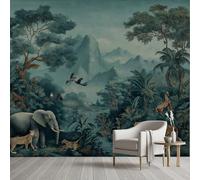Papier Peint Autocollant Jungle Tropical Safari Animaux Sauvages Papier Auto-Adhésif Tigre éléphant Girafe Léopard Wallpaper Panoramique Mural Murale pour Meuble Salon Chambre Bureau 200 x 150 cm