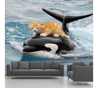 Papier Peint Autocollant Panoramique Chat Dauphin Mer Vagues, Abstrait Animaux Decoration Stickers Muraux, Mignon Créatif Vinyle Murale Poster pour Chambre Salon Cuisine Adhesif Meuble 300 x 210 cm