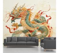 Papier Peint Autocollant Panoramique Japonais Dragon, Oriental Créature Decoration Stickers Muraux, Mythe Asiatique Vinyle Murale Poster pour Chambre Salon Cuisine Adhesif Meuble 300 x 210 cm