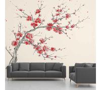 Papier Peint Autocollant Prunier Fleurs Chinois, Peinture à L'encre Japonais Cerisier Decoration Stickers Muraux , Paysage Fleurs Vinyle Murale Poster pour Chambre Salon Cuisine Meuble 400 x 280 cm