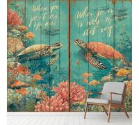 Papier Peint Autocollant Tortue de Mer Aquarelle Océan, Corail Marin Plantes Decoration Stickers Muraux , Planche Bois Texturé Vinyle Murale Poster pour Chambre Salon Cuisine Meuble 300 x 210 cm