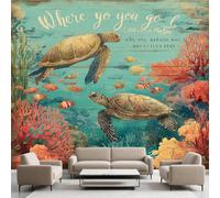 Papier Peint Autocollant Tortue de Mer Poissons Océan, Sea World Corail Rétro Decoration Stickers Muraux , Aquarelle Animal Vinyle Murale Poster pour Chambre Salon Cuisine Meuble 300 x 210 cm