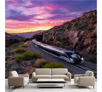 Papier Peint Autocollant Train Nuages Roses Esthétique, Montagnes Paysage Moderne Decoration Stickers Muraux, Nature Paysage Vinyle Murale Poster pour Chambre Salon Cuisine Meuble 400 x 280 cm