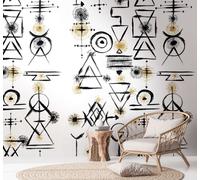 Papier Peint Avec Des Symboles Abstraits Sur Un Fond Clair - Blanc, Noir, Or