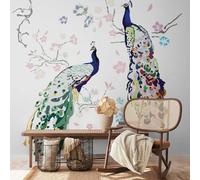 Papier Peint Avec Paon Et Fleurs - Blanc, Coloré, Bleu, Vert, Rose