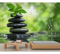 Papier peint avec pierres zen, paysage naturel, feuilles vertes, grand papier peint pour salon, décoration murale zen, 350 x 254 cm (ne pas décoller et coller)