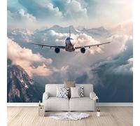 Papier Peint Avion 350 × 256 cm Papier Peint Panoramique Grandes Murales Poster pour Salon, Adulte Chambre d'enfants, Étude Décoration Avion Avec Vue Sur Les Montagnes -a-a-21037-c-a