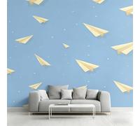 Papier peint avion en papier, bleu et beige ; papier peint géométrique à motifs d'avions pour chambres et chambres d'enfants ; papier peint intissé pour la décoration murale ; format 250 cm x 175 cm.